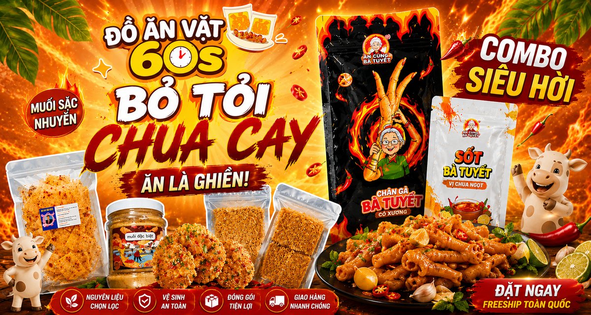 Đồ ăn vặt cay nồng Ăn Vặt 60s — chân gà, bánh tráng trộn, snack cay