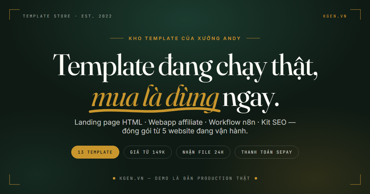 All-Access — trọn bộ 14 template kgen.vn gồm landing page, webapp, workflow n8n và kit SEO