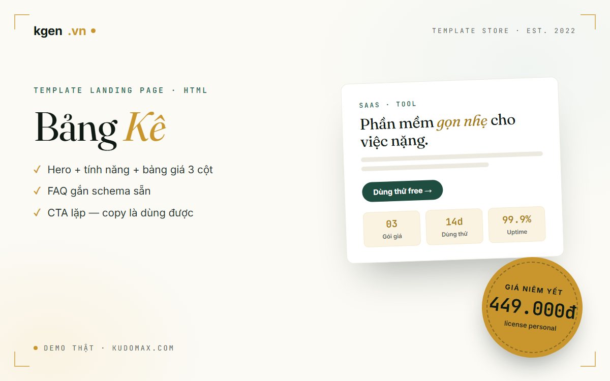 Template landing page Bảng Kê — SaaS, tool và khoá học với bảng giá 3 cột, giá 449.000đ
