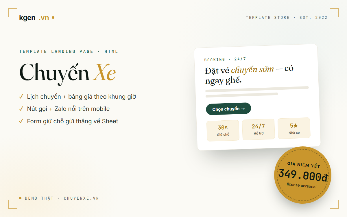 Template landing page Chuyến Xe — dịch vụ đặt chỗ booking, giá 349.000đ