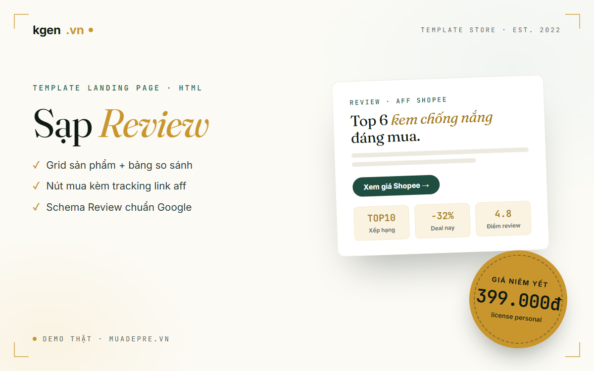 Template landing page Sạp Review — trang review affiliate Shopee, giá 399.000đ