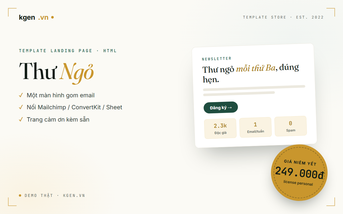 Template landing page Thư Ngỏ — trang gom email newsletter một màn hình, giá 249.000đ